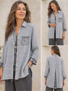 Chico’s Linen Embroidered Boho Lagenlook Button Shirt Tunic Size 2 L/XL Gray